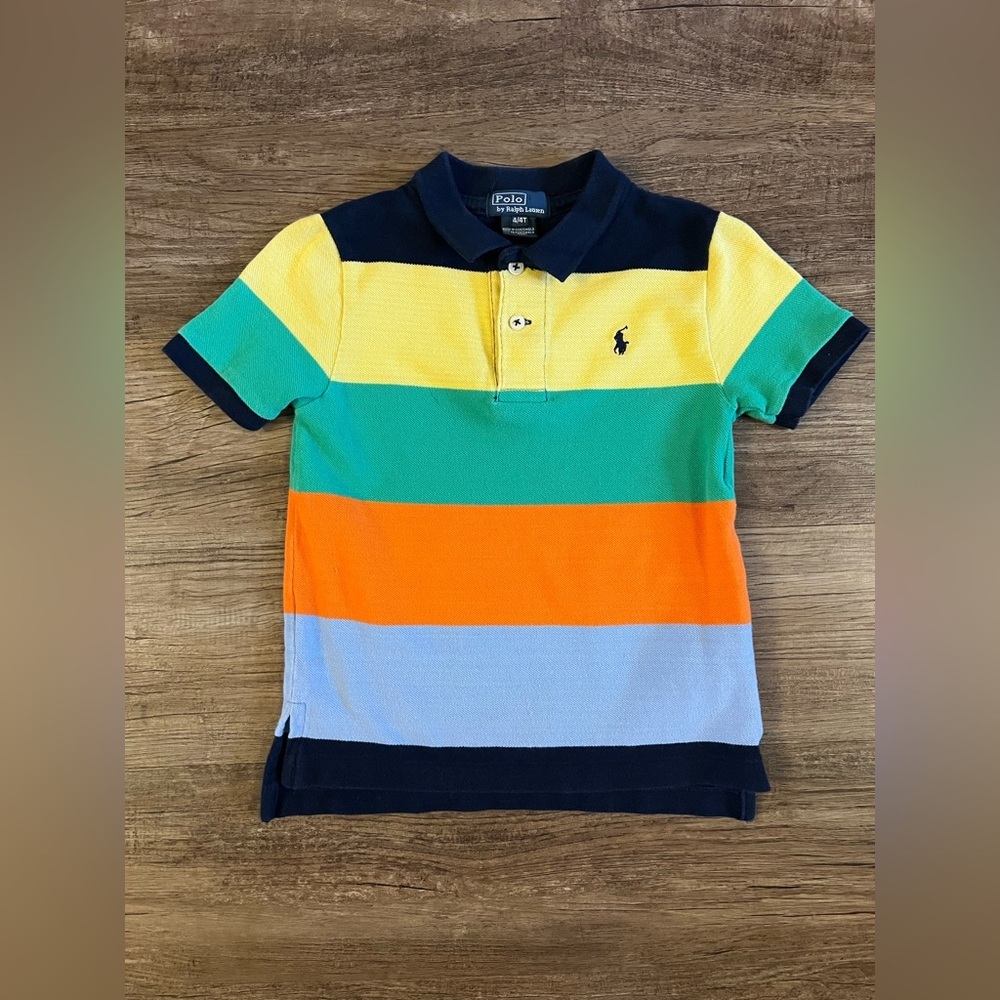 Vintage Polo Ralph Lauren Toddler Rugby Shirt Cotton Striped Orange Blue 4 F23